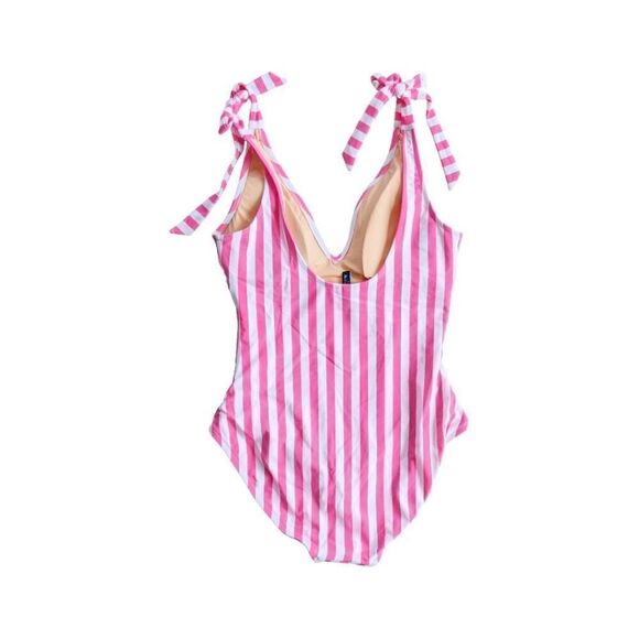 J crew One Piece Swimsuit Wild Berry Pink Striped Tie Shoulder sz M NWT - Picture 6 of 12